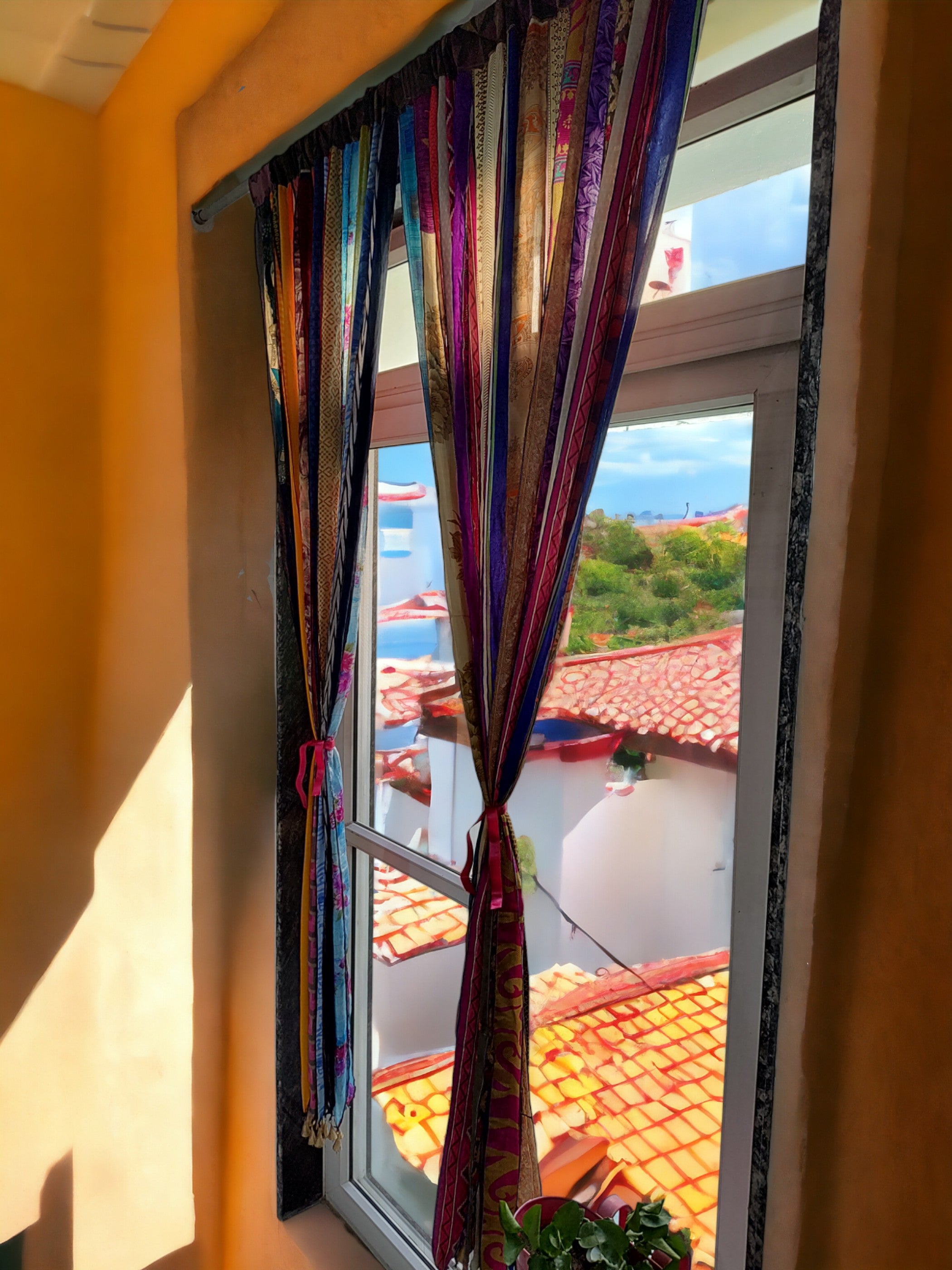 Boho Old Silk Sari Ribbon Doorway Curtain - 85x45 Inch